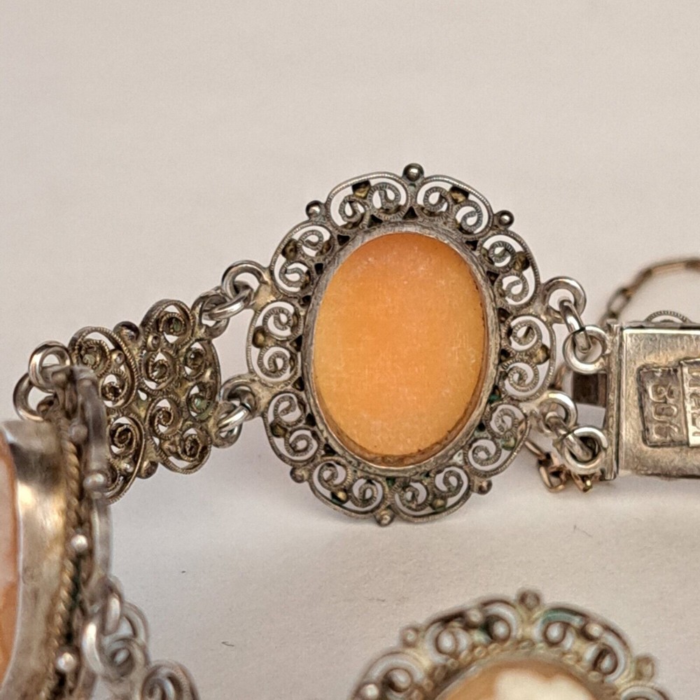 Antique Cameo Panel Silver Bracelet Filigree Italy 800 Marked Gold Chain Links - Picture 6 of 11